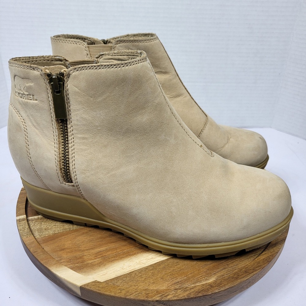 Sorel Women's Joan Uptown Zip Suede Wedge Booties Beige Size 9.5